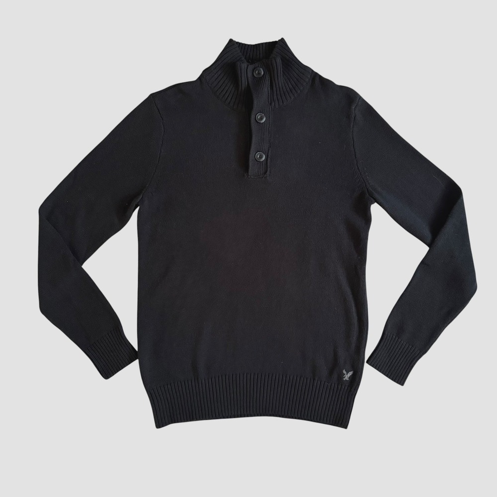 American Eagle Mens Black Cotton Quarter Zip Button VTG Y2K Sweater S/P Preppy